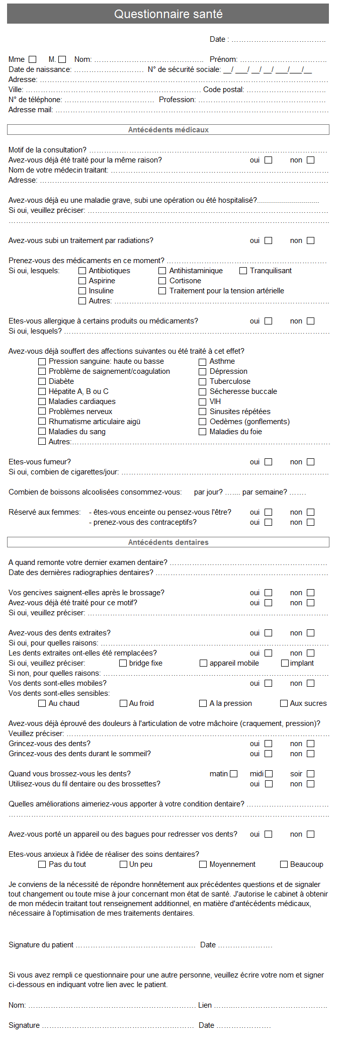 Questionnaire médical implantologie